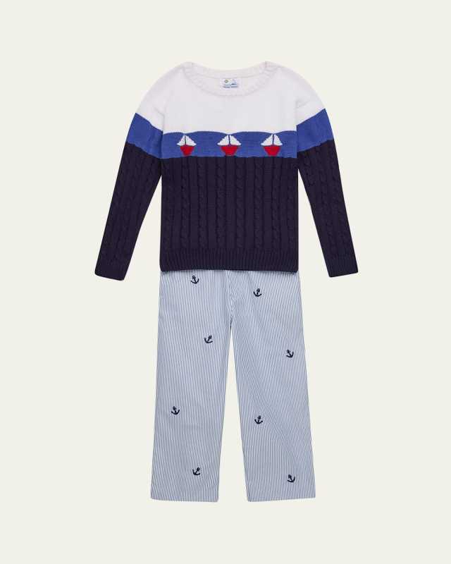 Boy's Sailboat Sweater & Striped Anchor Pants 2-Piece Set, Size 2-6